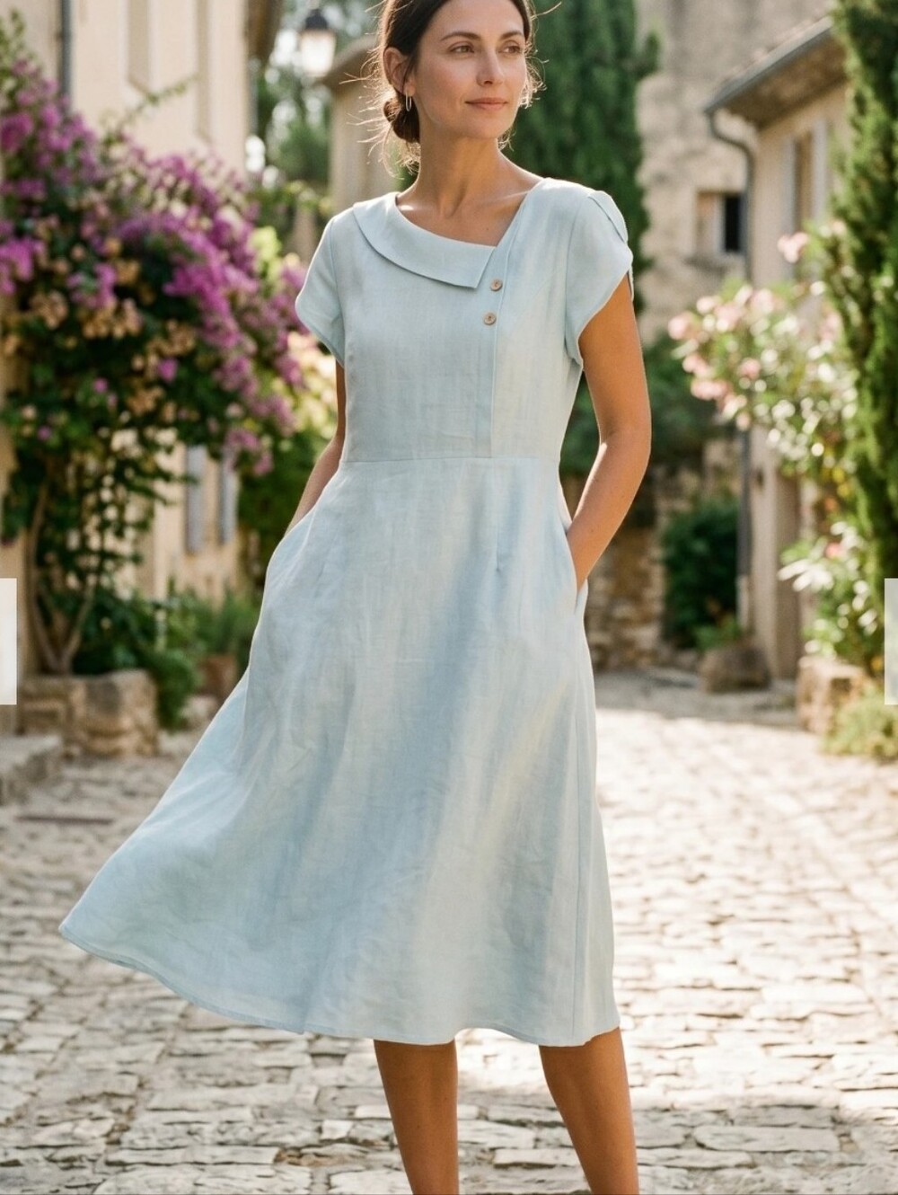 Lintico 100% Linen Crescent Collar Flutter Sleeve Midi Dress FIONA L NWT